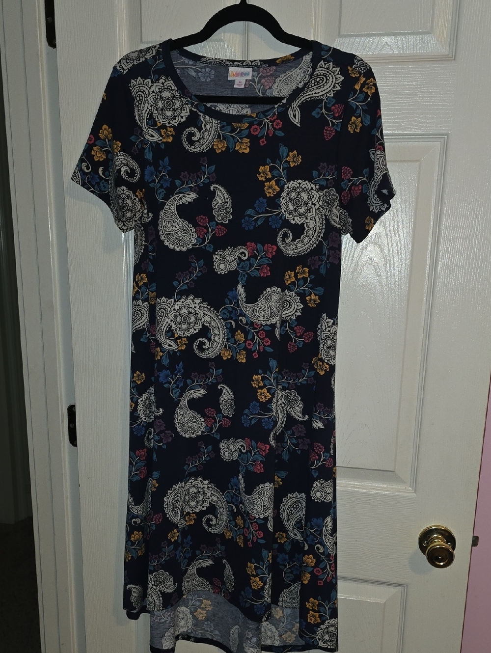 LuLaRoe Navy Paisley Floral Midi Dress with Blue, Pink‎ & Yellow Accents